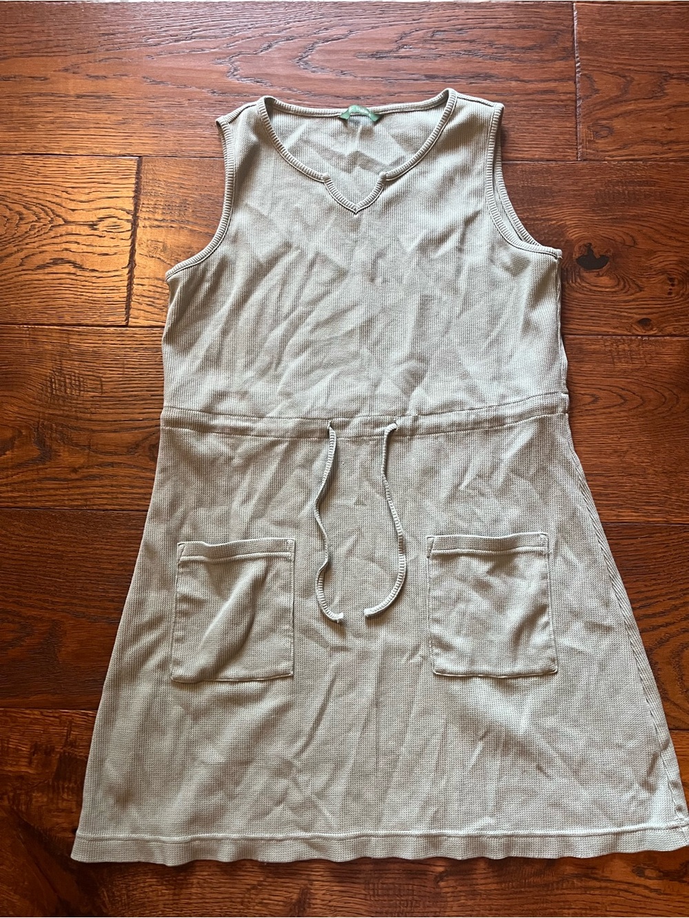 Halara Waffle Knit Mini Dress Medium Sage Green Notched V Neck Pocket Drawstring